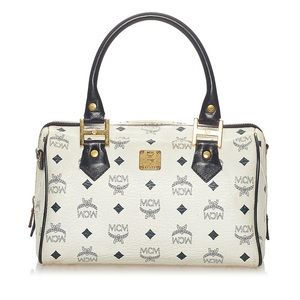 Vintage Navy and White MCM Visetos Boston Bag: Perfect Condition